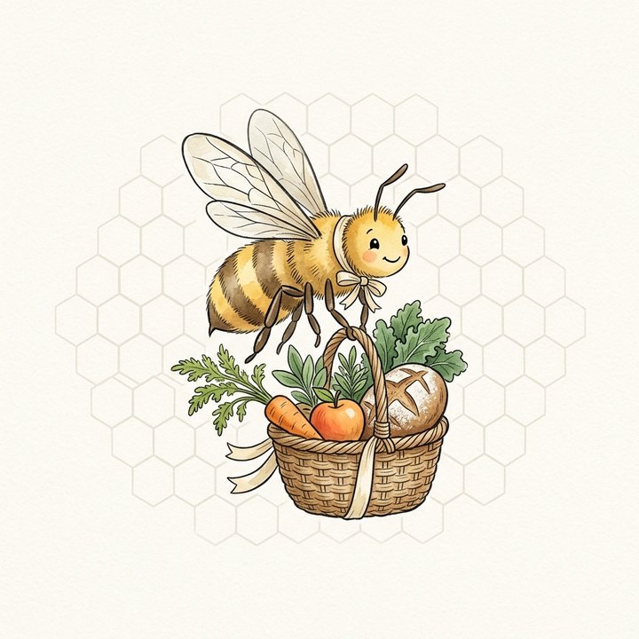 Bee Healthy: a bee with a basket of groceries